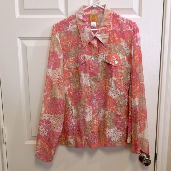 Ruby Rd. Tops - Ruby Rd. Pink Orange White Tan Floral Semi-Sheer Roll Tab Sleeve Shacket Size 20